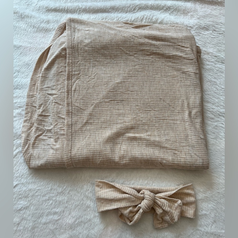 Little Sleepies Beige Ribbed Swaddle and Headband Set